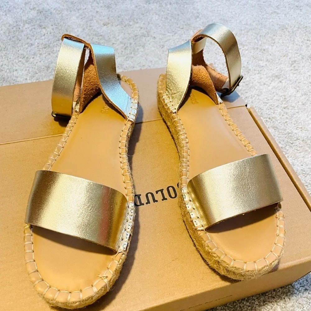 SOLUTOS Cadiz Leather Gold Espadrilles platform ankle Sandals size 6
